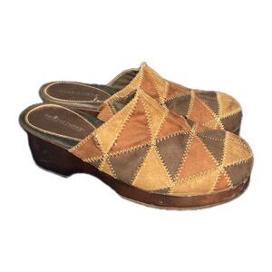 Y2K Vintage Womens Sz 10 Slip On Chunky  Patchwork Suede Clog Mules Boho Style